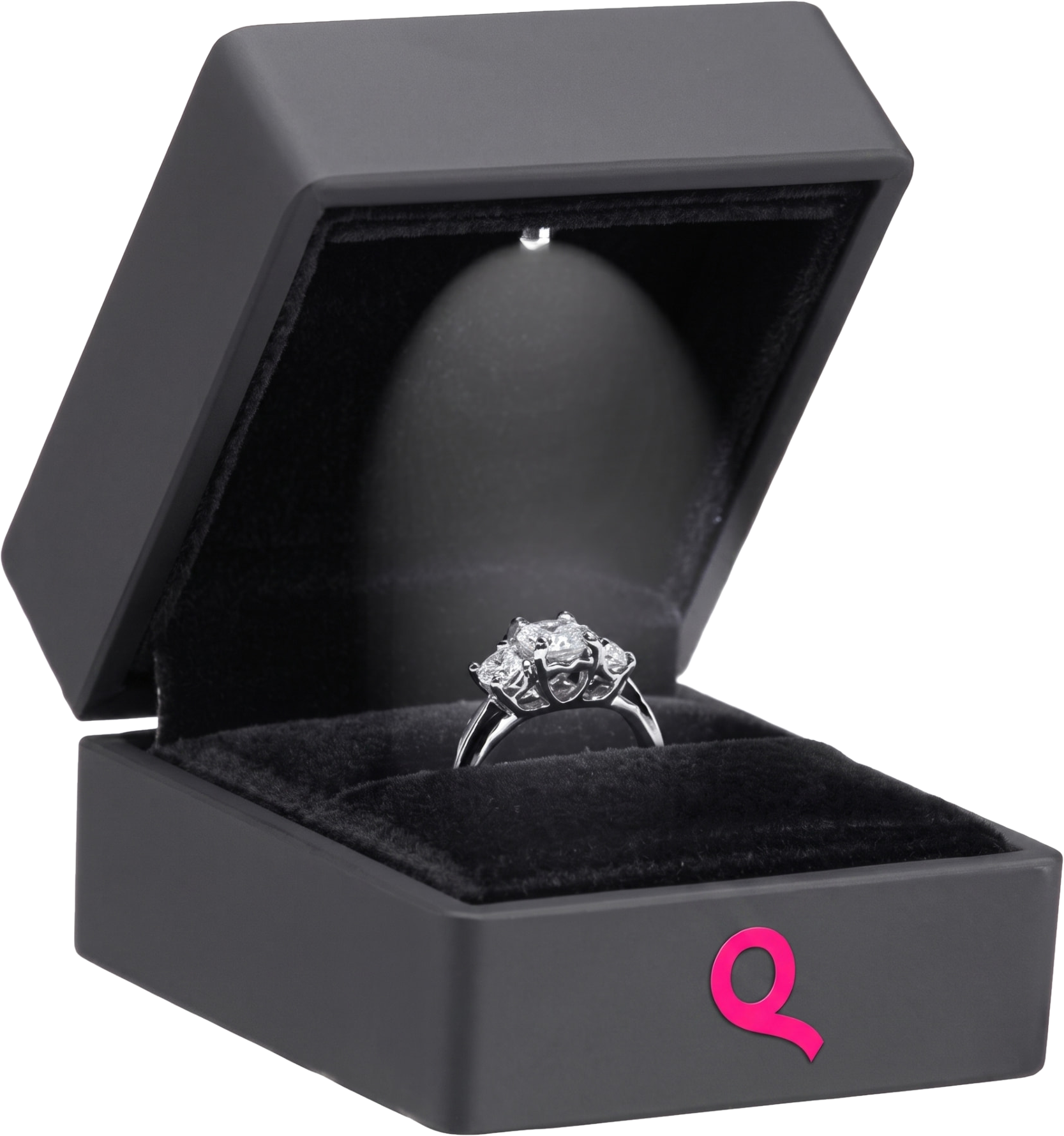 Estuche SmartPackaging negro con anillo y la Q rosa de SeQreto