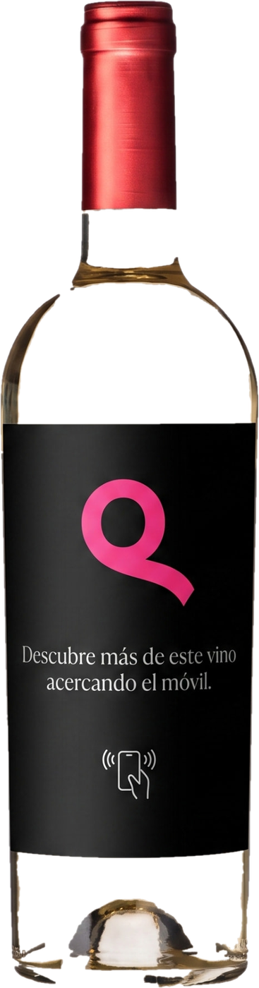 Botella de vino con etiqueta SmartLabel negra y la Q rosa de SeQreto