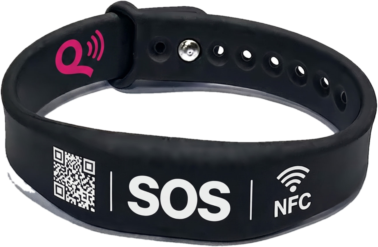 Pulsera SmartKid negra con SOS, QR y la Q rosa de SeQreto