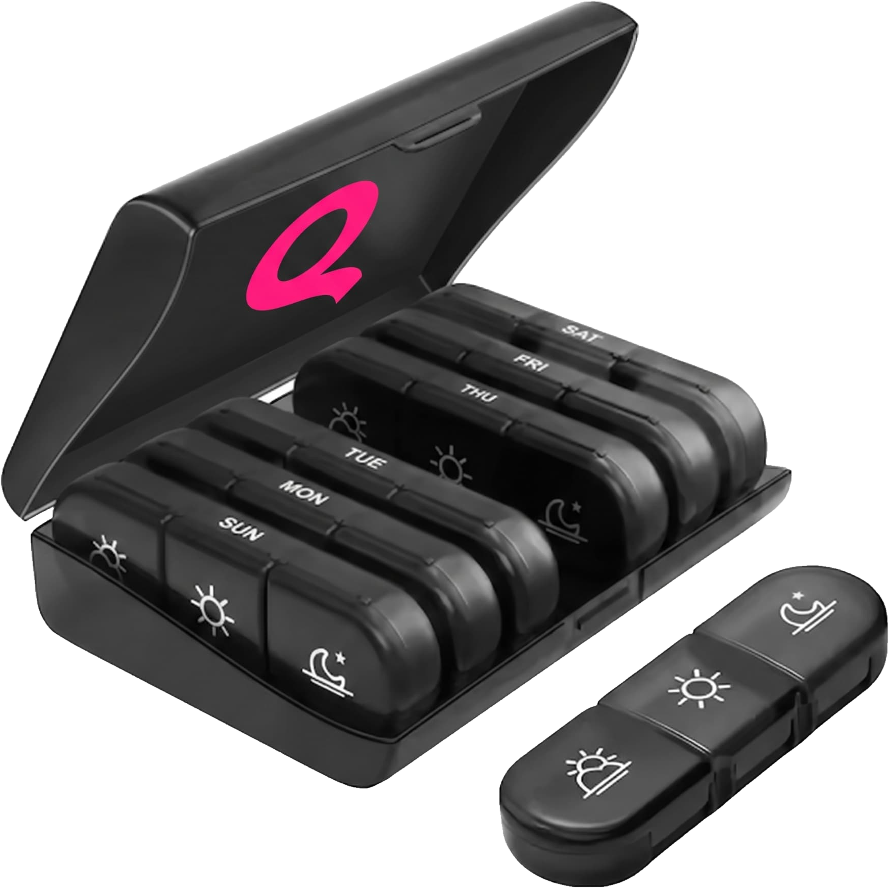 Pastillero SmartPillBox negro con la Q rosa de SeQreto