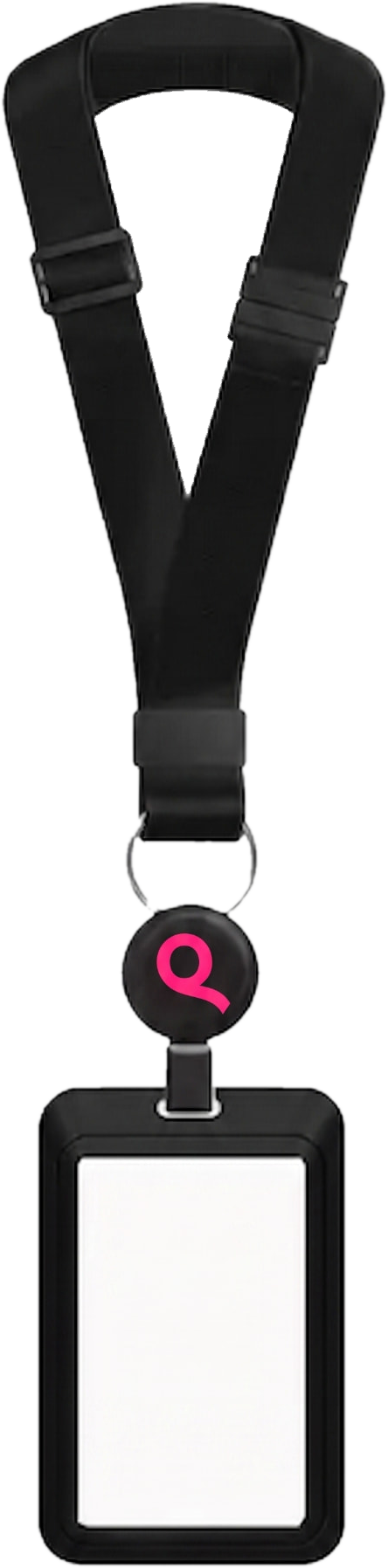 Acreditación SmartPass con lanyard negro y la Q rosa de SeQreto
